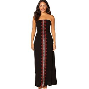 Womens Black Maxi Dress with Intricate Red and White Embroidery